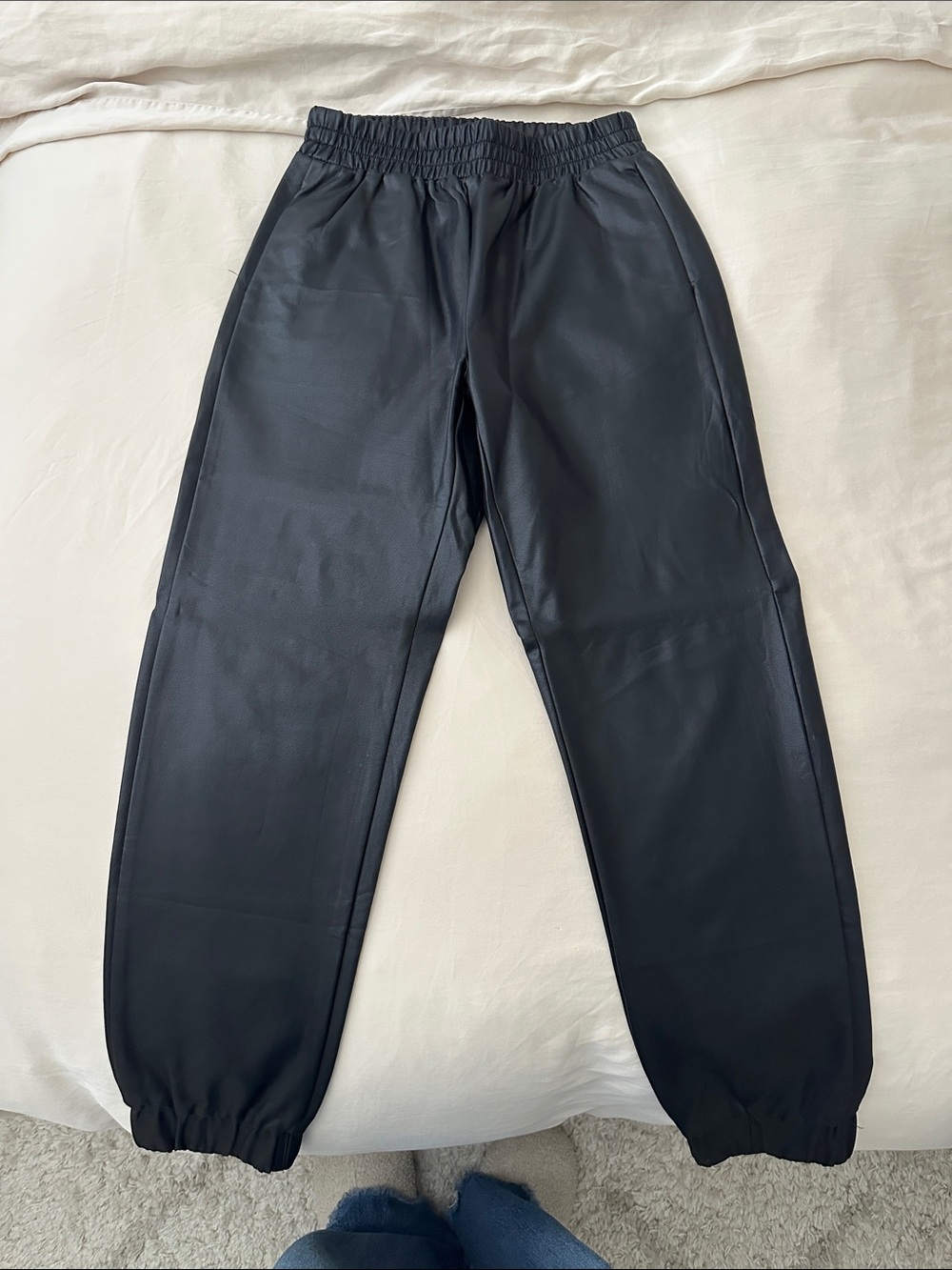 Women’s Black Faux Leather Jogger Pants - Elastic Waist
